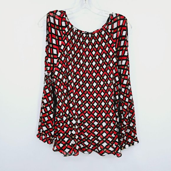 Chicos Top Geometric Patterned Cold Shoulder 1 M 8 Red Black Sheer Raglan Sleeve - Picture 4 of 16